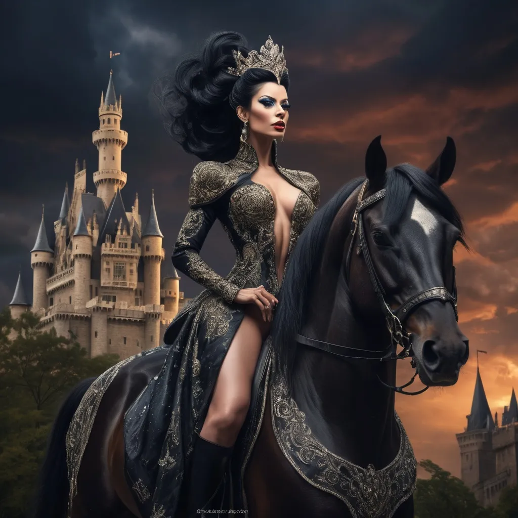 Prompt: A gorgeous muscular drag queen stands before her castle, her castle in the background, her back towards the viewer, she is mounted on her horse, long flowing black hair cascading elegantly down her back, royal attire shimmering with intricate details, high-reaching towers, under a dramatic dark sky, rich colors, ultra-detailed, high definition, emphasizing royal elegance and strength.