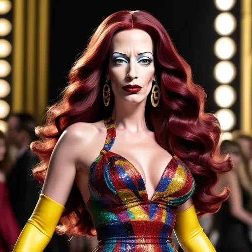 Prompt: Homer Simpson dressed in drag with very long dark red wavy hair, wearing a multi-colored Versace gown, dark eyeshadow,  mascara, drak red lipstick,  and 8 inch stiletto high heel shoes,  walking the catwalk at a fashion show.