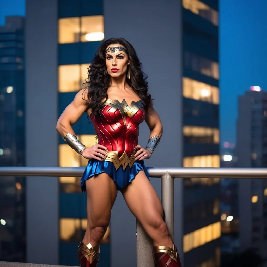 Prompt: Gorgeous muscular 35-year-old Israeli drag queen bodybuilder (strong masculine jawline and brow facial features) with large busom and ridiculously long wavy black hair, dressed as Wonder Woman (DC Comics Character), standing on the ledge of a building at night.