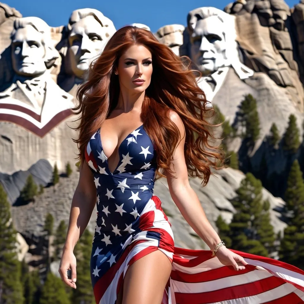 Prompt: Gorgeous ultra-muscular 25-year-old Mid-Western goddess with huge busom and ridiculously long wavy auburn hair (((blowing in the wind))),  wearing a beautiful American Flag Dress and 8 inch stiletto high heel shoes, Mount Rushmore Background in the morning. 