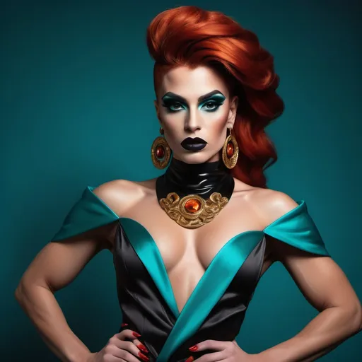 Prompt:  (A gorgeous muscular 25-year-old Macedonian drag queen (masculine jawline and brow features) with dark eyeshadow, 
dark lipstick,  and dark orange hair wearing a teal Versace), fierce pose, dramatic (red and black color palette), high-fashion editorial style, luxurious fabric textures, sleek and chic outfit details, vivid presence, modern ambiance, strong emotional intensity, cinematic lighting, backdrop of elegant high-fashion runway, (ultra-detailed, 4K).