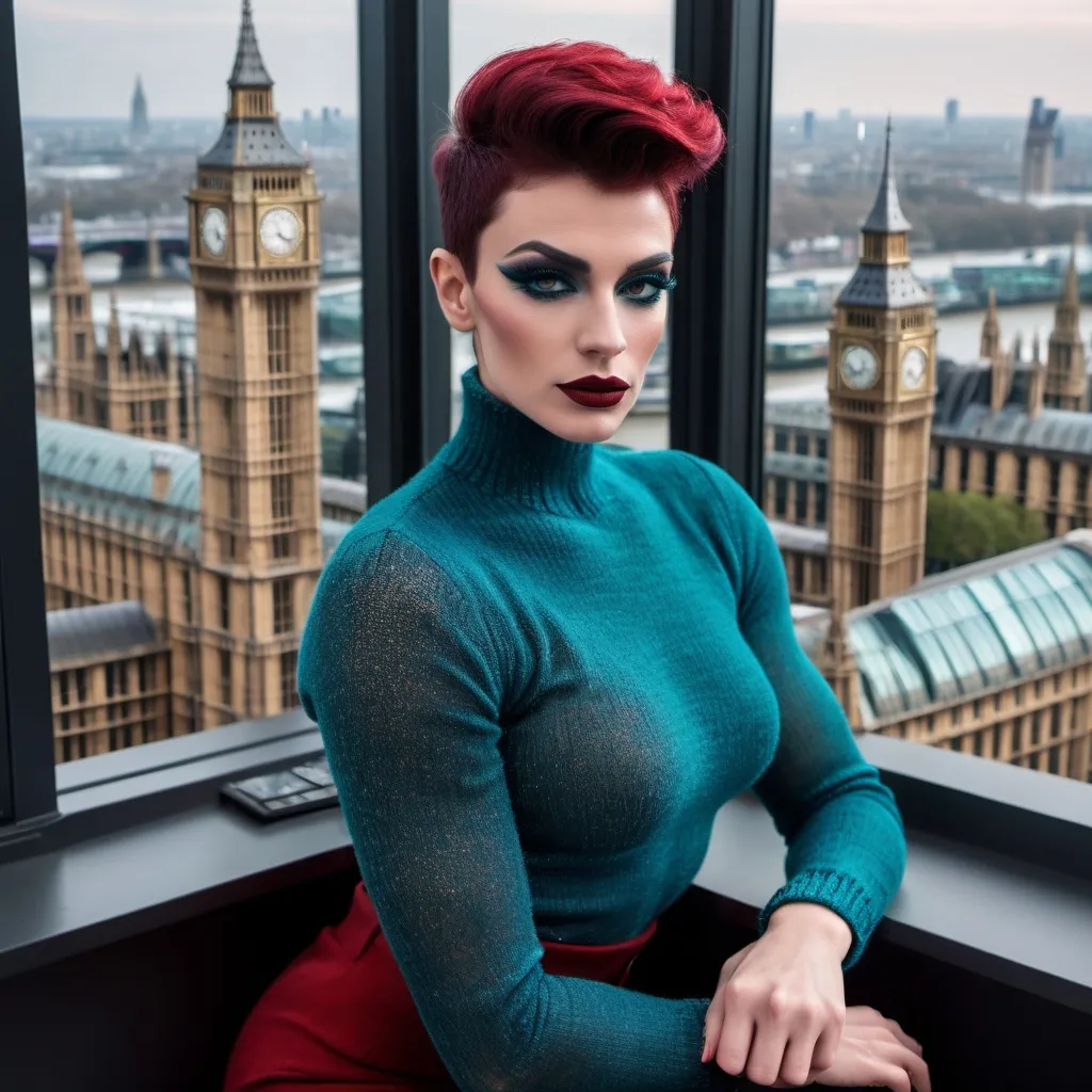 Prompt: Gorgeous muscular 25-year-old French drag queen with strong masculine jawline,  very short dark red hair, dark eyeshadow, and dark lipstick, in the CAD office wearing chenille knitted wrist in teal blue and red gradient, next to the window with London city and Big Ben view