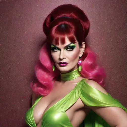 Prompt: image of Charlie Sheen dressed as a gorgeous 25-year-old (((full figured))) Czechian drag queen with very long professionally styled Dark red hair, wearing a flamboyant, yet conservative black neon green and neon pink Bob Mackie designer Gown, heavy eye makeup,  dark red lipstick, posing in a smokey Cabaret. hyper-realistic quality, ultra-detailed 4K imagery.