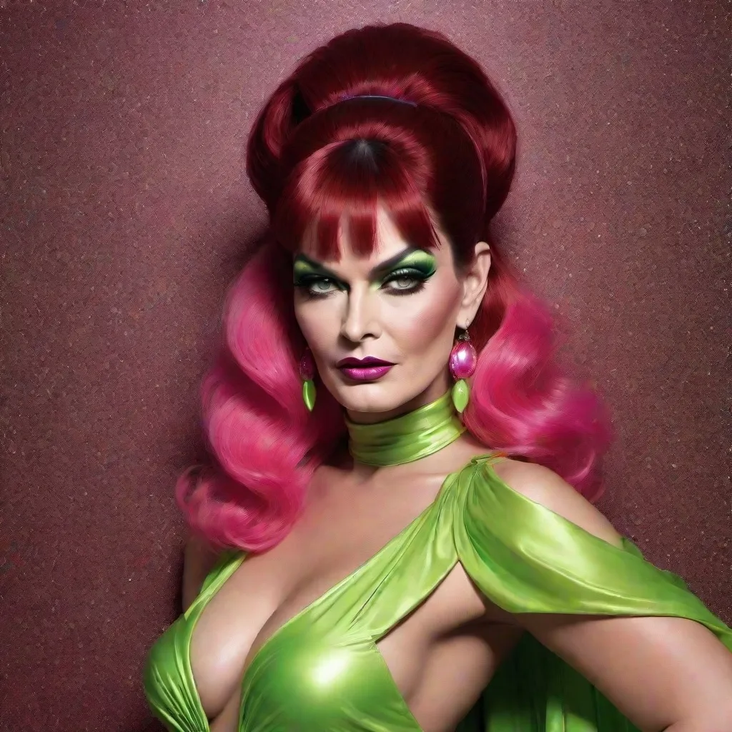 Prompt: image of Charlie Sheen dressed as a gorgeous 25-year-old (((full figured))) Czechian drag queen with very long professionally styled Dark red hair, wearing a flamboyant, yet conservative black neon green and neon pink Bob Mackie designer Gown, heavy eye makeup,  dark red lipstick, posing in a smokey Cabaret. hyper-realistic quality, ultra-detailed 4K imagery.