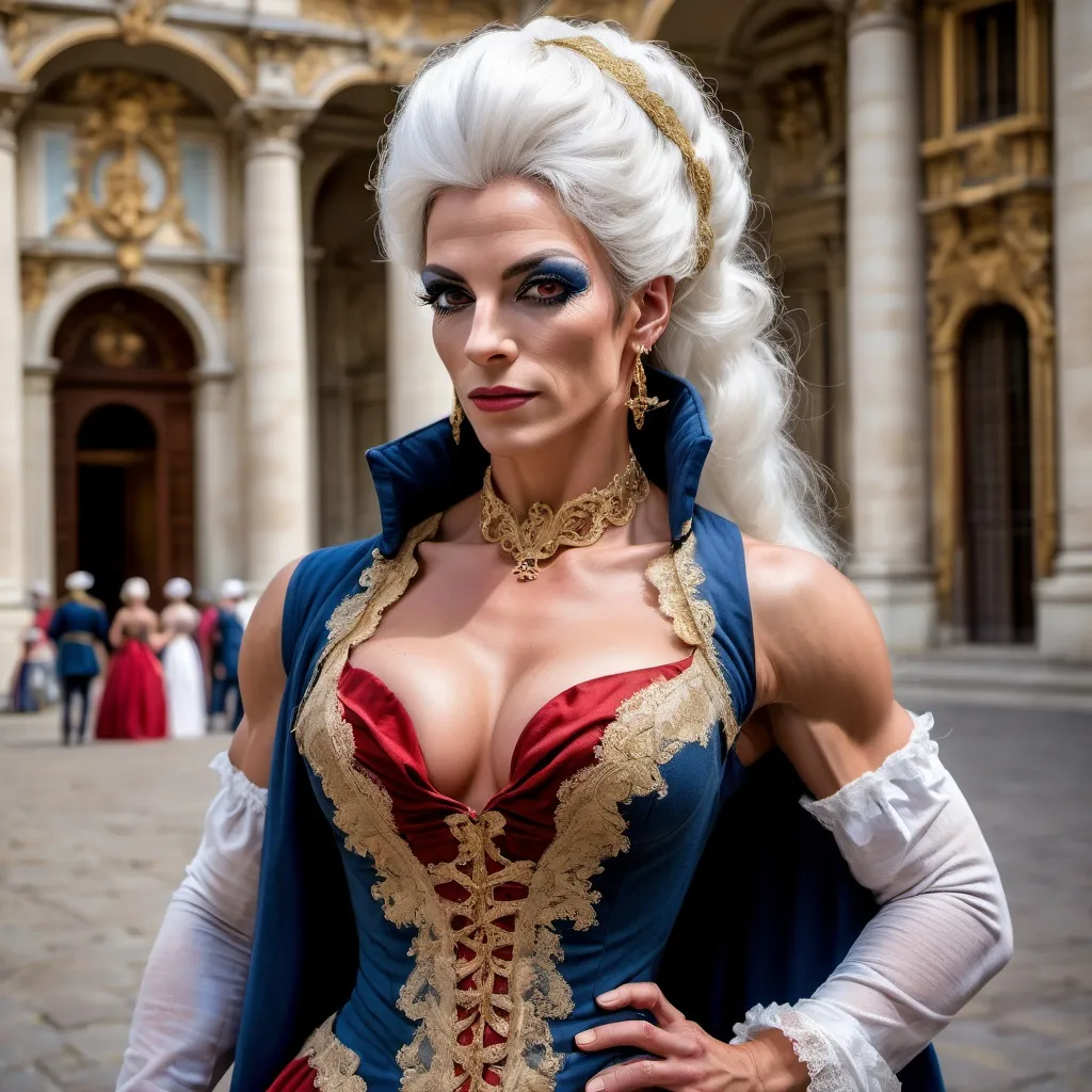 Prompt: (Gorgeous, muscular, 35-year-old French transwoman bodybuilder (with huge busom) during French Revolution 1789), (historic attire), elegant gown with intricate lace, white powdered wig, stylized makeup, (dramatic atmosphere), (rich colors), vivid reds, deep blues, and gold accents, (historical setting), a grand palace courtyard, opulent architecture, (cinematic lighting), moody and intense, (4K), ultra-detailed visuals.