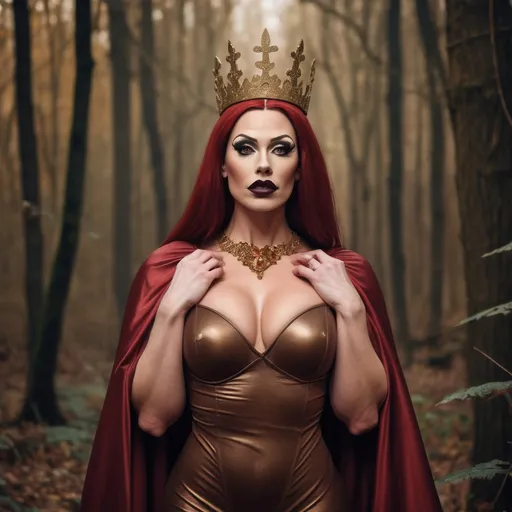Prompt: a gorgeous muscular 35-year-old British drag queen bodybuilder princess with big busom, dark red matte lipstick, and burnt irange hair wearing a  bronze and gold gown standing in a forest with a crown on her head and a cloak over her head, Dirk Crabeth, gothic art, fantasy style, a storybook illustration