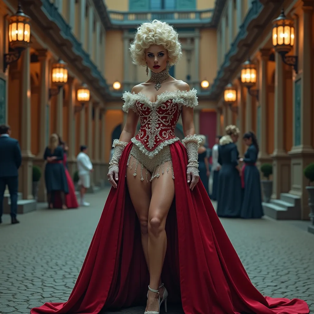 Prompt: Gorgeous ultra-muscular 25-year-old Czechian drag queen bodybuilder (French Revolution 1789), (historic attire), elegant gown with intricate lace, 8 inch stiletto high heel colonial shoes, powdered wig, dark eyeshadow, heavy mascara, and dark red lipstick, (dramatic atmosphere), (rich colors), vivid reds, deep blues, and gold accents, (historical setting), a grand palace courtyard, opulent architecture, (cinematic lighting), moody and intense, (4K), ultra-detailed visuals.