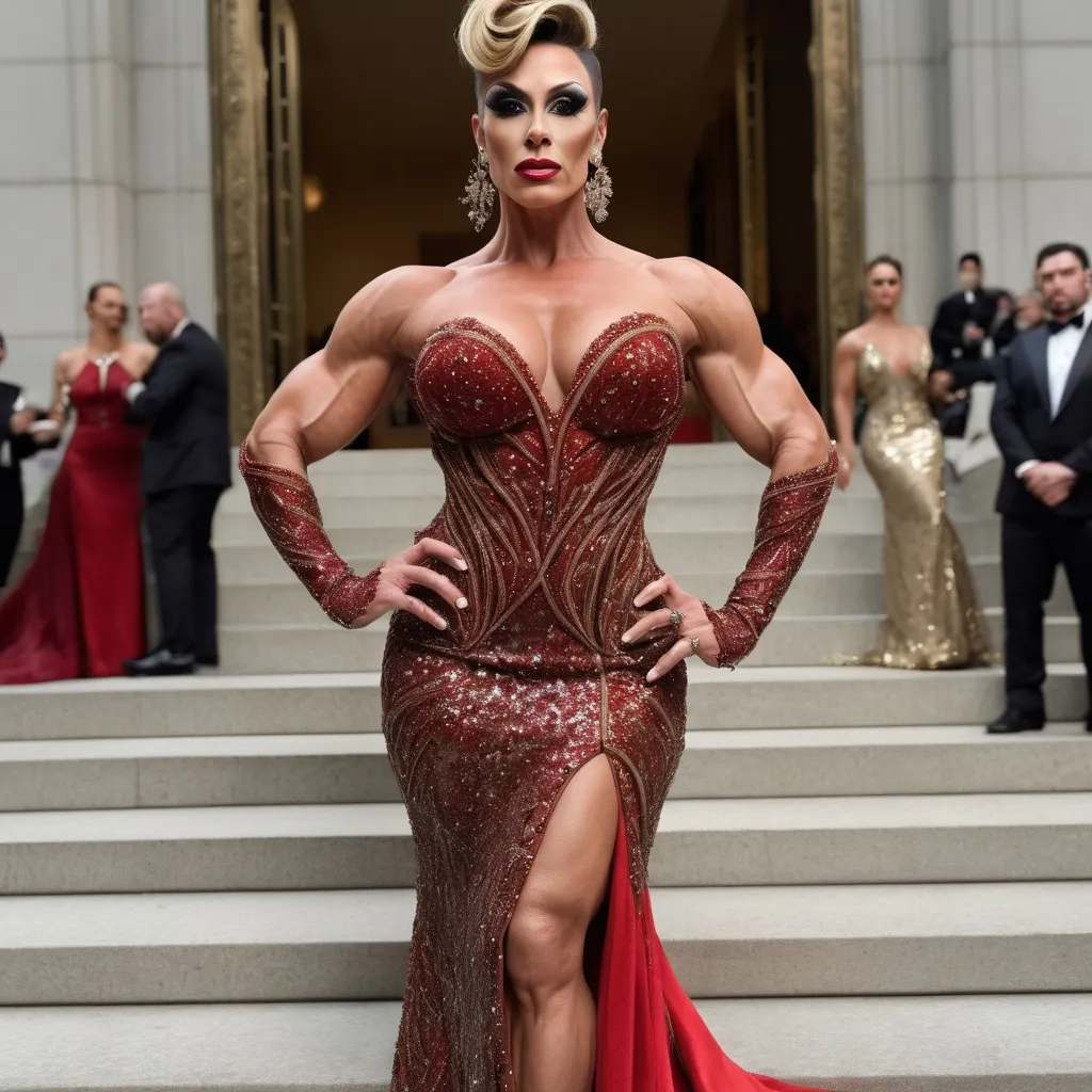 Prompt: Glamour photography of Gorgeous ultra-muscular 35-year-old (Caucasian) Hungarian drag queen bodybuilder (very strong masculine jawline and brow features) with a big busom, and  tight salt & pepper updo hair on the Met Gala steps in New York wearing designer bronze and red gown with long train, intricate details, glitter and jewels, posed 3/4 turn standing, smile, in the style of Guy Aroch