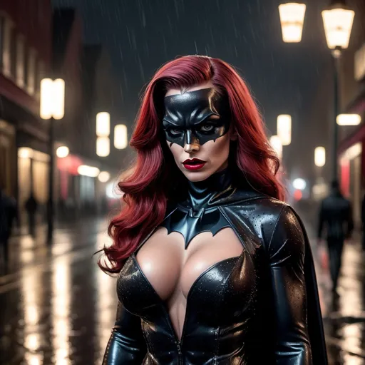 Prompt: Batman dressed as A hyper realistic flawless 25-year-old gorgeous Northern European drag queen bodybuilder with black hair walking the streets as a classy debutante on a dark and rainy night. Heavy eye makeup. Dark red lipstick.