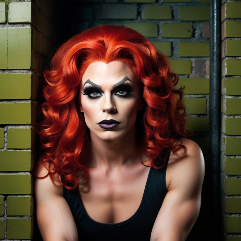 Prompt: Gorgeous ultra-muscular 25-year-old Finnish drag queen sitting on a bench in a dank brick prison cell,. She stared at him down the sharp edges of her cheeks partly hidden behind her curly red hair, her body relaxed as it slouched against the wall. random pose, gothic art, promotional image, a poster