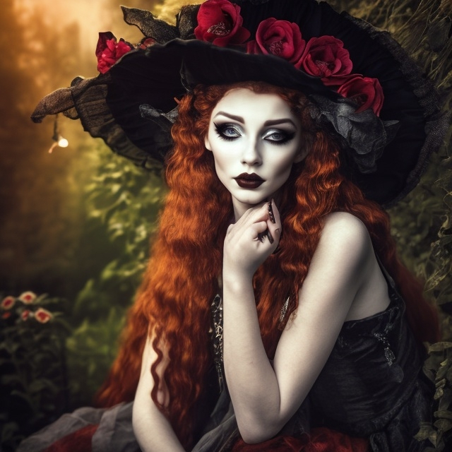 Prompt: young stunningly gorgeous rag queen witch, deep gray eyes, deep look, very long red hair, light contrast, baroque intricate portrait, young drag queen witch sitting in her garden house