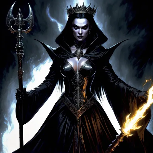 Prompt: queen of darkness in battle apparel In long  medium dark black and dark grey robe with a long staff of magic , staff tip is dark grey and a dark black void.