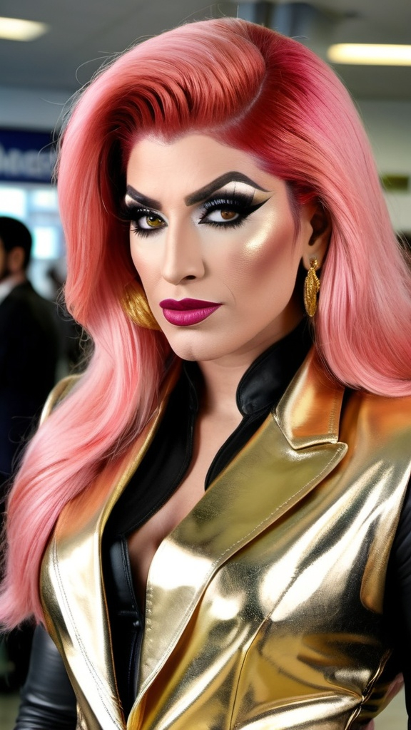 Prompt: Gorgeous ultra-muscular 25-year-old Pakistani drag queen bodybuilder with ridiculously long straight shiny pink hair, wearing gold blazer, light black blouse, gold pencil skirt, black leather belt and 8 inch stiletto high heel wrap around sandals, darke eyeshadow, darke red lipstick, standing at airport ticket counter, high-res, pro photo, airport setting, sophisticated, blue-eyed, chic outfit, professional, natural lighting, sharp focus, muscular physique, high detail, high quality