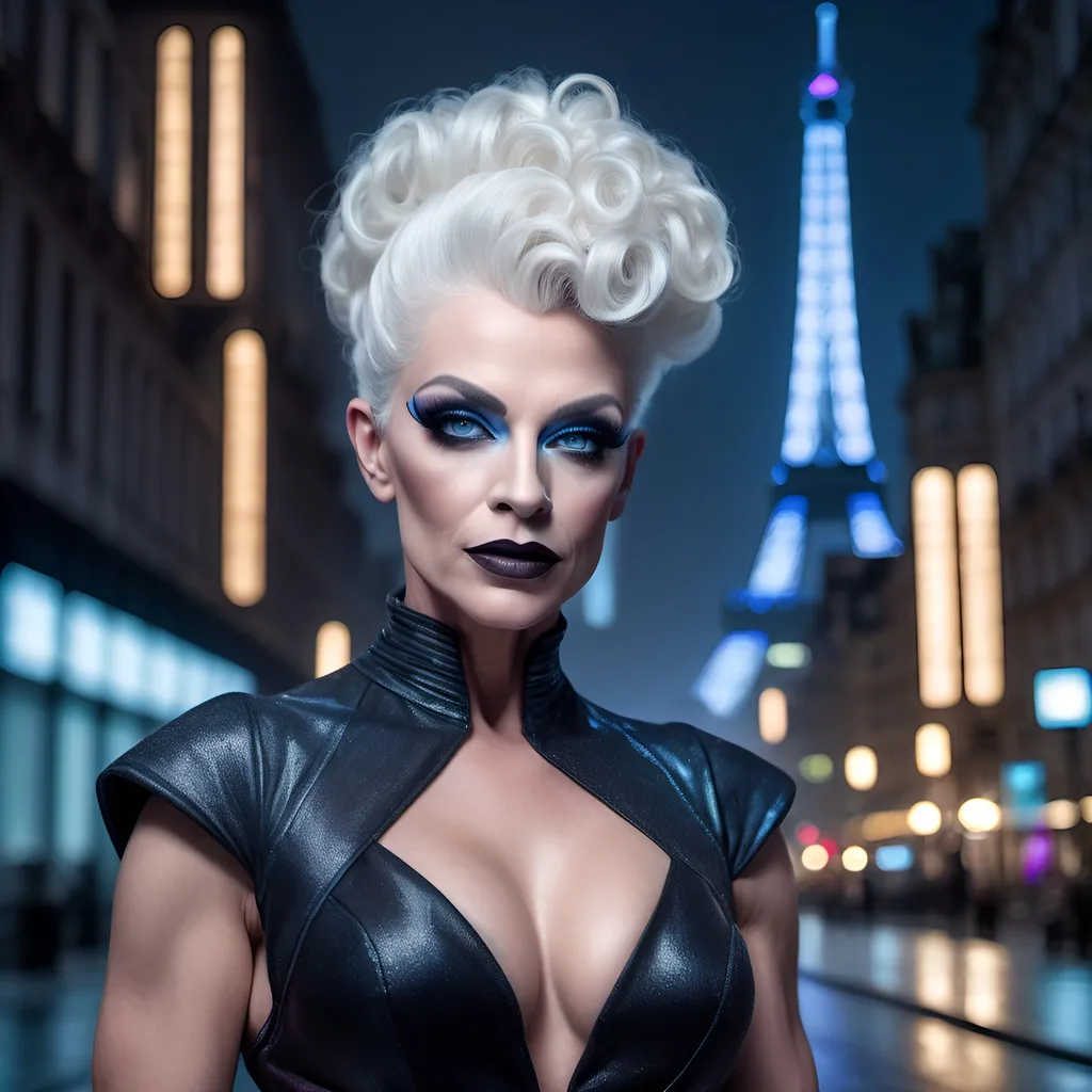 Prompt: (realistic image of futuristic French drag queen age-55), (muscular, pretty, curvy, muscular), light skin, (curly white updo hair), blue eyes, (dressed in a black dress), dark eye makeup, dark lipstick, posed flirty, futuristic city background, misty morning, (rich textures), (soft lighting), (ultra-detailed), 4k quality, opulent decor.