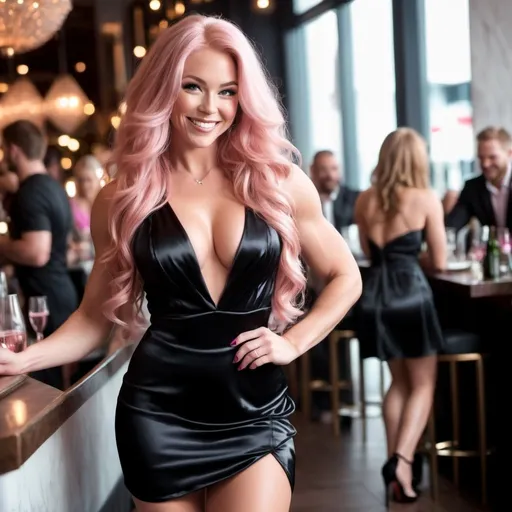 Prompt: Beautiful happy smiling Nordic goddess bodybuilder age 25, ridiculously long wavy pink hair, huge busom, perfect face, wearing a black flowing satin dress, mini skirt, 8 inch stiletto high heel shoes , highly detailed, 8K photo, standing in a crowded upscale restaurant, fill light