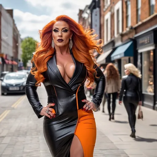 Prompt: Gorgeous muscular 35-year-old Romanian drag queen bodybuilder with long wavy stylish burnt orange hair, dark eyeshadow, 
dark lipstick, and big busom, walking down the high street, (detailed clothing with 6 inch stiletto high heel shoes), (realistic), natural lighting, bustling urban environment, lively atmosphere, showcasing various shops and cafes, bright daylight casting soft shadows, vibrant street life, high-definition clarity, (immersive scene), (casual elegance), capturing movement and grace in the stride, dynamic perspective.