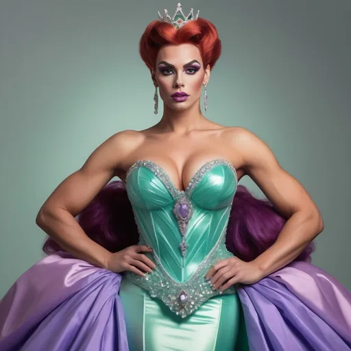 Prompt: Hyper realistic image of a Gorgeous muscular 25-year-old German drag queen (with strong masculine jawline and brow facial features) bodybuilder with huge busom, dressed up as Ariel, dressed as a queen wearing a floor-length ball gown in her iconic seafoam-green and ombre purple. The dress should be elegant and regal with detailing on the skirt.