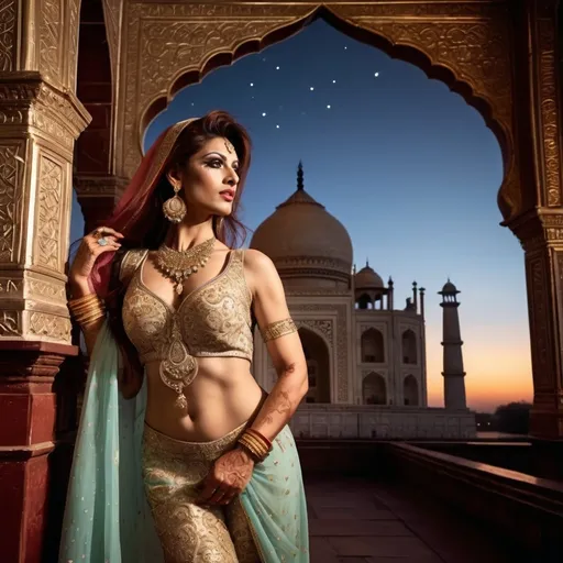 Prompt: A breathtakingly beautiful, muscular 35-year-old Pakistani drag queen bodybuilder princess from ancient times, standing gracefully in the majestic palace of the Taj Mahal. She wears an opulent, traditional Mughal-era royal outfit, intricately embroidered with gold and encrusted with precious gemstones. Her flowing silk dupatta shimmers under the soft moonlight, casting a mystical glow. Delicate henna patterns adorn her hands, and exquisite jewelry—bejewelled maang tikka, heavy gold necklaces, and shimmering bangles—enhance her regal elegance.

The palace is bathed in a dreamy, ethereal light, with the marble reflecting hues of silver, gold, and soft pastels. Floating flower petals drift through the air, carried by a gentle, unseen breeze. The atmosphere is infused with an enchanting, fairytale-like glow, as if the scene exists between dreams and reality. Wisps of golden mist swirl around her feet, and the sky above is illuminated by a crescent moon and twinkling stars. In the background, the silhouette of the Taj Mahal stands majestically, its domes glowing under the celestial light. The entire scene radiates an aura of romance, mystery, and divine elegance, as if touched by the gods themselves.