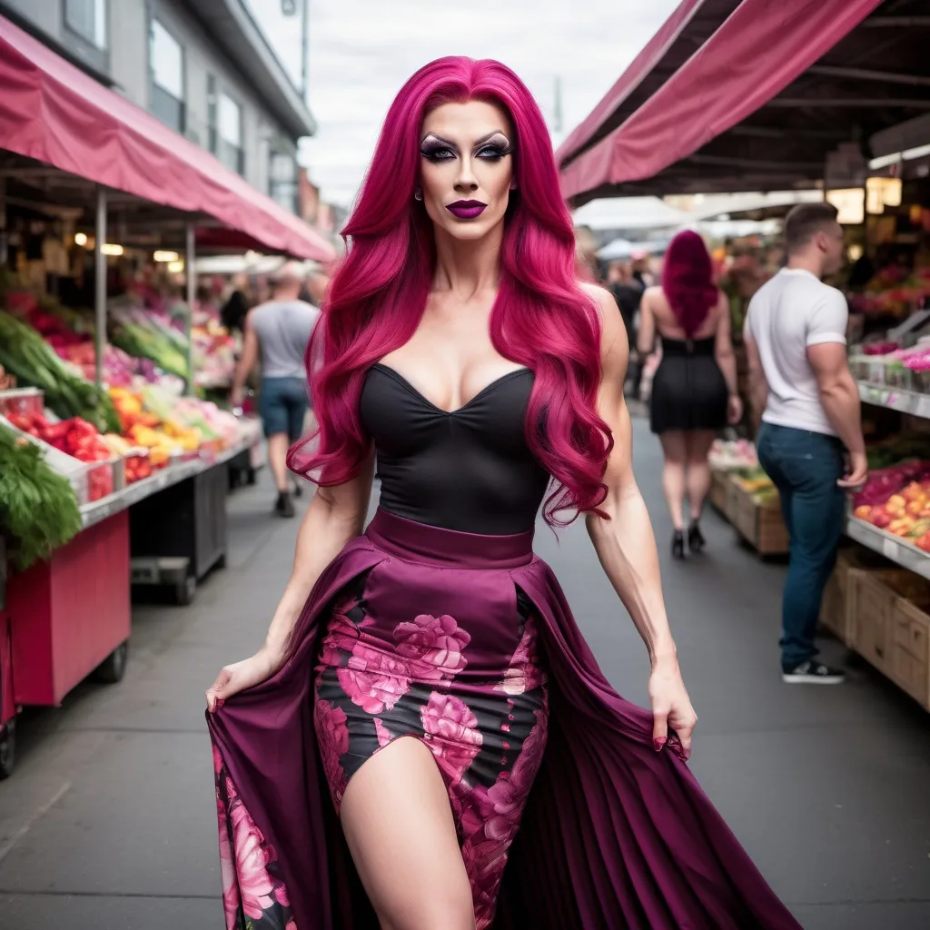 Prompt: Gorgeous ultra-muscular 25-year-old Finnish drag queen with long flowing fuscia hair, athletic physique, pleated floral skirt, walking in market, full body, 8 inch stiletto high heel sandals. Flirty smirk. Heavy mascara, dark smokey eyeshadow,  and dark red lipstick.