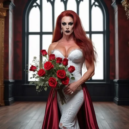 Prompt: A HD 4k 3D 8k professional full-body modeling photo of a gorgeous muscular 35-year-old Hungarian drag queen bodybuilder (long dark red hair, dark lipstick, dark eye makeup,  and big busom) dressed in a medieval wedding dress and a long bouquet of roses in hands falling down to her feet, magical realism, very very beautiful, very detailed oil painting


