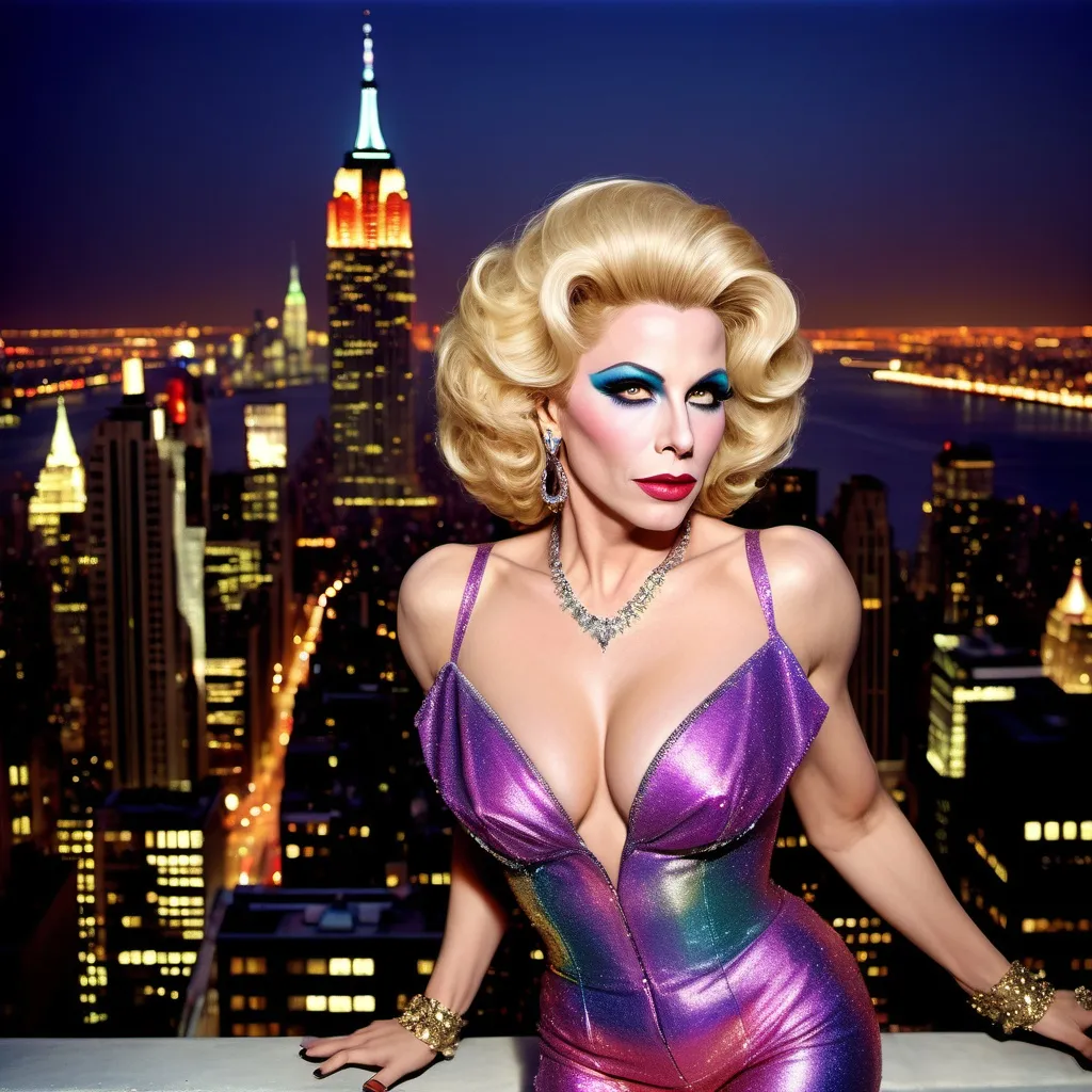 Prompt: John Travolta dressed as a 25-year-old gorgeous drag queen Madonna posing on the ledge of a building, high above NYC.