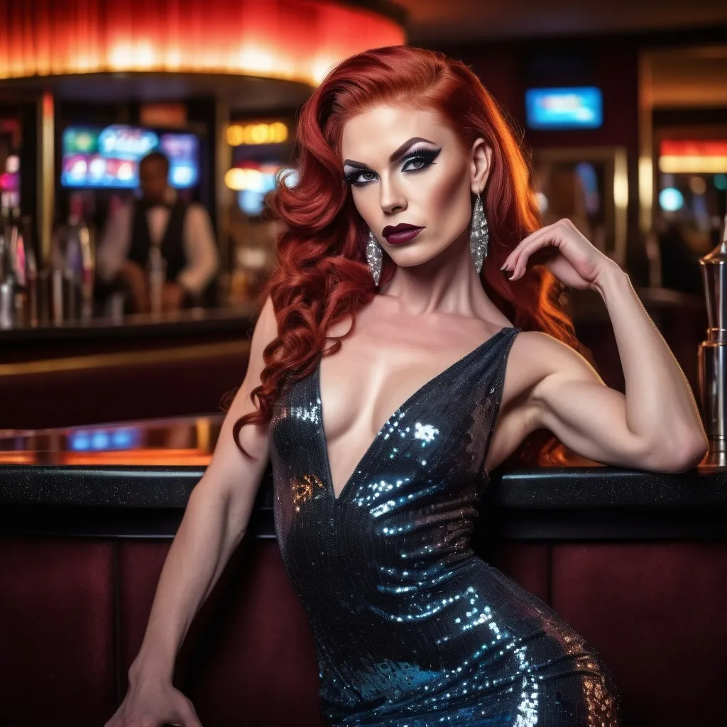 Prompt: Gorgeous, muscular, transwoman showgirl (with very strong masculine jawline and brow) with long luscious bright red hair, dark eye makeup,  and dark lipstick wearing a beautiful designer sequined gown and heels. Sitting confidently at the bar in a casino. 