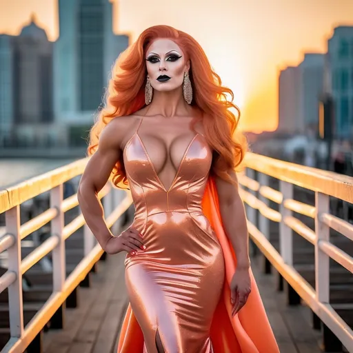 Prompt: Gorgeous ultra-muscular 25-year-old Hungarian drag queen (with masculine jawline and brow facial features) bodybuilder with huge busom, dark eyeshadow, dark lipstick, and ridiculously long wavy light orange hair, wearing a gorgeous Bob Mackie designed flamboyant knee-length dress and 8 inch stiletto high heel shoes. Posing at the boardwalk during sunset.