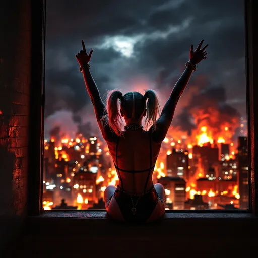 Prompt: Drag queen Harley Quinn perched on a window, hands in the air in triumph, gazing into a fiery cityscape, flames illuminated against a dark sky, dramatic tones, vivid reds and oranges, smoke swirling in the air, high detail, moody atmosphere, urban environment, nighttime, powerful contrast, cinematic lighting, ultra-detailed, surreal and intense emotional vibe.