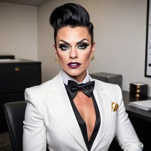 Prompt: A gorgeous muscular 35-year-old Welsh-American drag queen with combed hair and round masculine jawline; wearing a a notch lapel black tuxedo jacket, white wingtip collar tuxedo shirt, white pocket square, gold studs and cufflinks, black bow tie, black tuxedo pants, shiny black stiletto high heel shoes; in an office setting