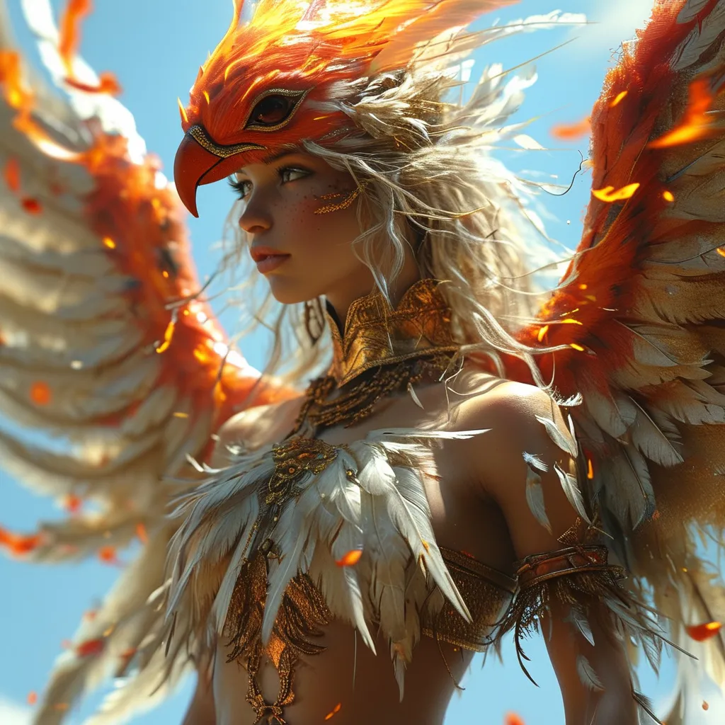 Prompt:  a flaming phoenix is perched on a 25-year-old goddess's shoulder. The 25-year-old goddess has clothes made of feathers and looks like a phoenix as a 25-year-old goddess. Full length. Muscular.