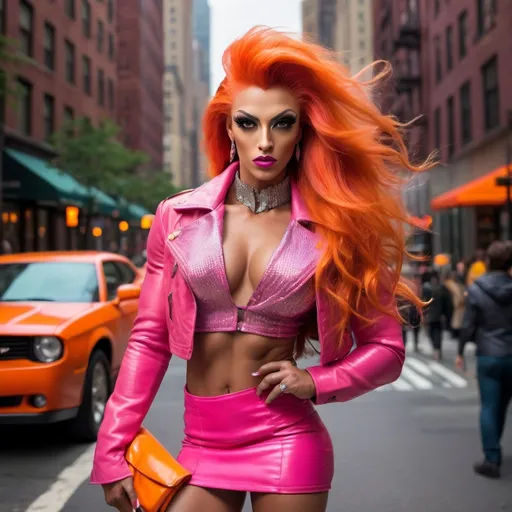 Prompt: Glamour photography of a Gorgeous ultra-muscular 25-year-old Italian drag queen bodybuilder with very long flowing pink hair, in Manhattan, Richard Avedon style, curvaceous, diamond face, muscular physique, neon orange leather jacket, buttoned blouse, miniskirt, 8 inch stiletto high heel fashion boots, dynamic pose, busy streetscape background, high-res, glamorous, urban, fashion photography, vibrant, detailed eyes, dramatic lighting