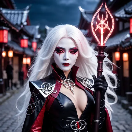 Prompt: 8K photo, cinematic, dark gothic fantasy, Beautiful Japanese drag queen Shadow Mage, flowing white hair, ((glowing red eyes)), dark makeup, red leather vest with silver runic markings, big busom, hourglass tall leggy, black leather duster and boots, holding a glowing runic staff with arcing bolts of plasma, nightscape, cobblestone lane, highly detailed