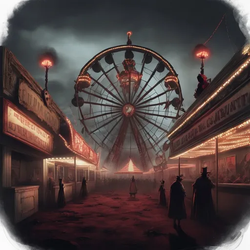 Prompt:  Illustrate an evil and eerie scene from a twisted carnival.
