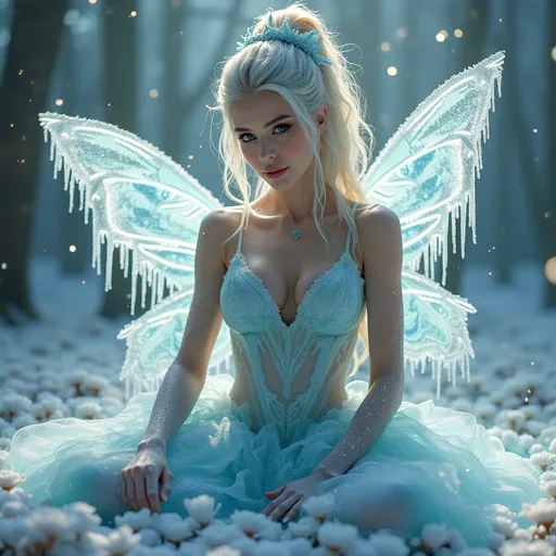 Prompt: Gorgeous muscular 35-year-old (melting ice fairy) drag queen, delicate wings dripping with glistening icicles, ethereal glow from the fairy's body, surrounded by frost-covered flowers, shimmering particles in the air, enchanted forest backdrop, soft pastel color tones, serene and mystical ambiance, (highly detailed), magical light illuminating the scene, ethereal presence, enchanting winter wonderland vibe.