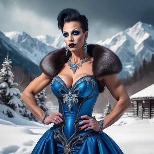 Prompt:  a beautiful muscular 35-year-old Slovenian drag queen bodybuilder with large busom (dark eyeshadow, heavy mascara, dark lipstick) in a blue dress standing in the snow,   fantasy art, very beautiful fantasy art, beautiful fantasy art portrait, beautiful fantasy painting