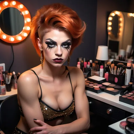 Prompt: Hyper detailed Photorealistic Upper body focus, Nighttime bedroom scene, A makeup desk (scattered with makeup and accessories), seated a (gorgeous ultra-muscular 25-year-old Czechian drag queen) glances at viewer sidelong, Embarrassed and shy slight smiling gaze and short spiky dark orange hair, highly detailed face, dark eyeshadow,  heavy mascara,  dark red lipstick, gazing with sidelong glance toward the viewer, Dynamic pose. wearing soft cotton pajamas.  Expression of shy interest and innocent allure.  Realistic high detail skin and hair