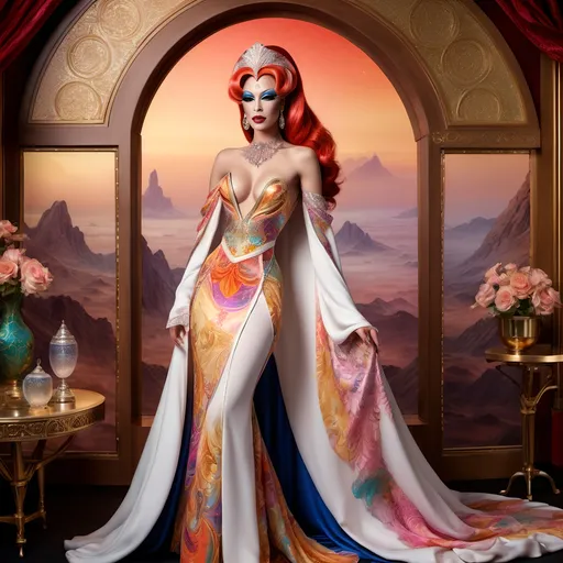 Prompt: The most beautiful drag queen on Alderaan wearing the traditional Alderaan dress.