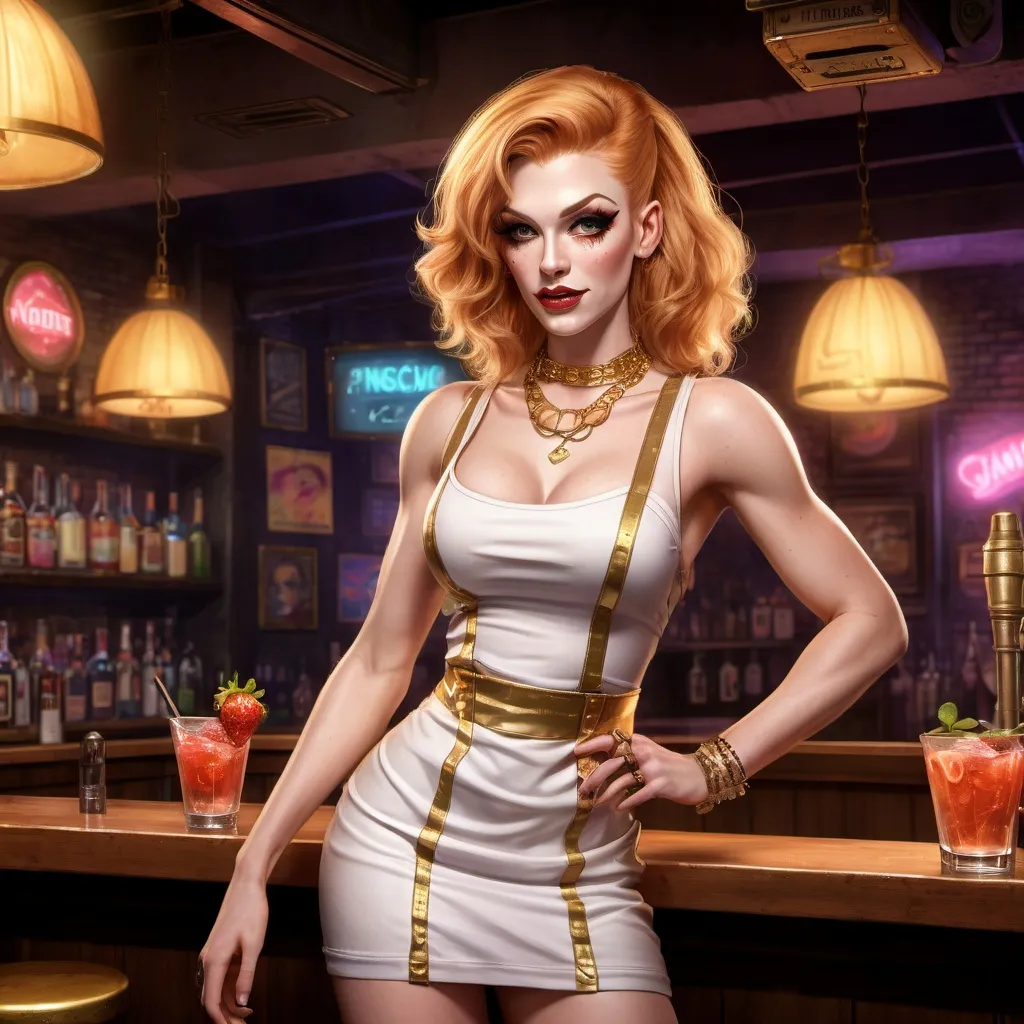 Prompt: A late night music venue. Muscular early 20s attractive strawberry-blonde bartender drag queen in a short dress,  pinafore square neckline, gold necklace, late night nightclub, game-rpg fantasy style, detailed character design, atmospheric lighting, urban fantasy, late-night setting, highres, detailed, fantasy, RPG, cluttered background, striking appearance, intense and dramatic lighting