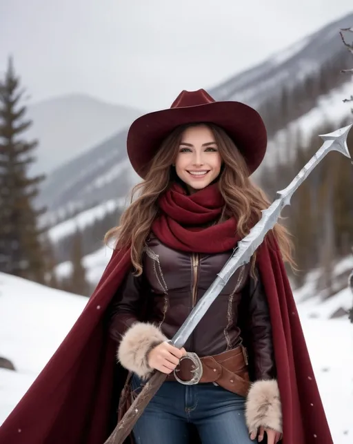 Prompt: A hi-res 8k hd digital photograph of a proud gorgeous rugged cowgirl with huge busom in winter snowy mountains. She is wearing a dark red cloak lined with fur and a scarf over metal armor. She has ridiculously long wavy autum hair and a brown cowboy hat. She is holding a halberd. It is snowing and windy. She is smiling. Cowboy hat.