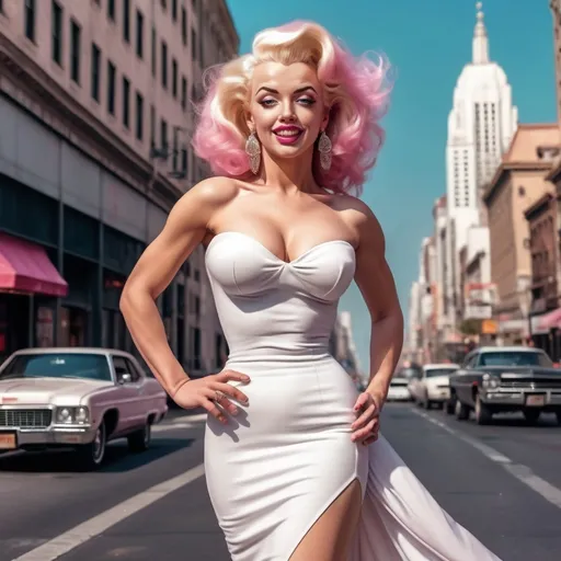 Prompt: Hyper-realistic fantasy image of a gorgeous ultra-muscular 25-year-old Macedonian drag queen bodybuilder (masculine jawline and brow facial features) with huge busom and ridiculously long flowing pink hair,  8 inch stiletto high heel shoes, walking in a white dress, Marilyn Monroe pause style, retro city setting, fine details, fictive, smiling, walking over an air vent, 8k, best quality, hyper-realistic, fantasy, retro, white dress, city setting, fine details, smiling, Marilyn Monroe style, air vent, walking