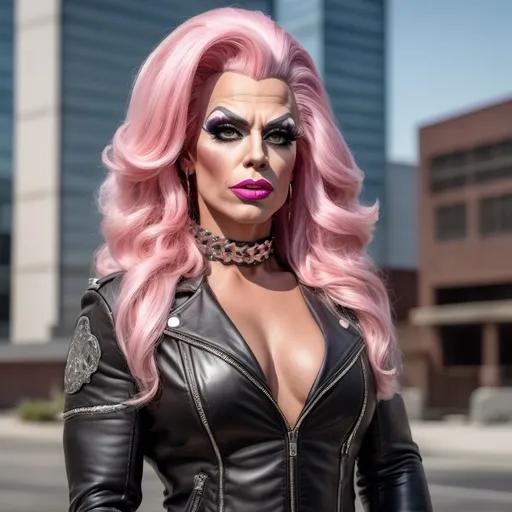 Prompt: Photorealistic, 8k, full length, a rough tough male biker convict cleaned up and dressed up as an attractive spoiled bratty 35-year-old drag queen, she has strong masculine facial features, plump pouty oversized lips, duck lips, Chiseled strong masculine jawline, masculine brow, muscular physique, huge platinum pink bouffant hairstyle with beehive bun and long extensions, wearing a cute 1950s style dress and 8 inch stiletto high heels, extremely heavy chav makeup style, she is walking,