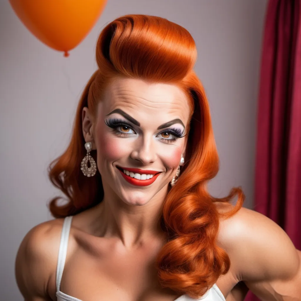 Prompt: Gorgeous ultra-muscular 25-year-old Swedish drag queen bodybuilder with dark orange hair dressed as a 1950s housewife party pinup hostess flirty smile head back winking party small wave