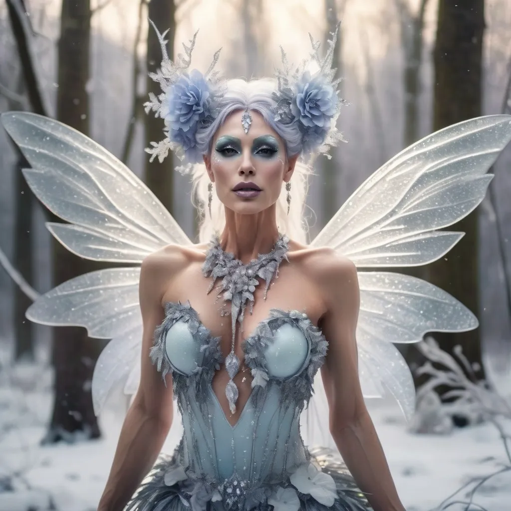 Prompt: Gorgeous muscular 35-year-old (melting ice fairy) drag queen, delicate wings dripping with glistening icicles, ethereal glow from the fairy's body, surrounded by frost-covered flowers, shimmering particles in the air, enchanted forest backdrop, soft pastel color tones, serene and mystical ambiance, (highly detailed), magical light illuminating the scene, ethereal presence, enchanting winter wonderland vibe.