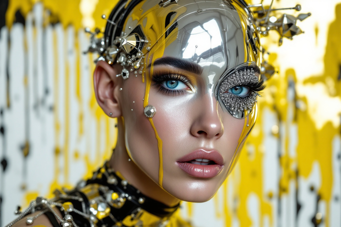 Prompt: a gorgeous masculine 25-year-old drag queen's face is futuristically transformed into a chrome-plated structure covered in wires. The left blue eye is shown in photo-realistic detail. the right eye futuristic. It is surrounded by silver and gold detailed small shapes against an abstract background that depicts dark yellow tones as dripping paint 