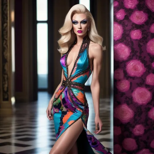 Prompt: Gorgeous ultra-muscular 25-year-old Finnish caucasian drag queen wearing Emilio Pucci dress and 8 inch Vera Wang high heel shoes), (elegant fashion portrait), rich colors, (vibrant patterns), stylish pose, soft natural lighting, exquisite fabric details, luxe ambiance, (high-quality HD), dramatic background with blurred fashion runway, captivating and iconic atmosphere, showcasing beauty and sophistication in fashion.