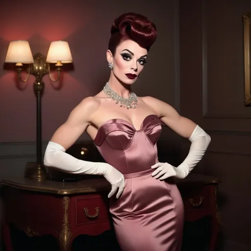 Prompt: photorealistic, (old Hollywood style), (sophisticated gorgeous ultra-muscular 25-year-old French drag queen goddess), elegant attire reminiscent of Audrey Hepburn, full length body, dark red hair styled in vintage glamour, dark smoky eyeshadow and dark red lipstick,  soft lighting capturing a nostalgic atmosphere, muted pastel colors, timeless beauty, luxurious and refined setting, classic film vibe, vintage glamour, HD, ultra-detailed,