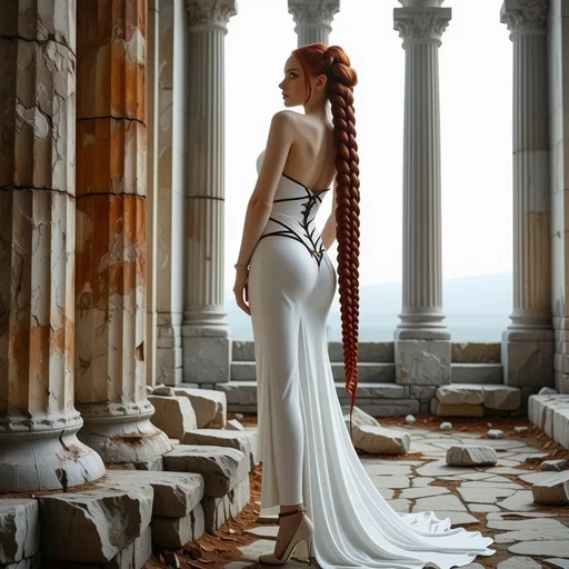 Prompt: realistc, Full body, (Hot red-headed drag queen mistress), long braided red hair, gorgeous strong face (strong masculine jawline and brow features), long white leather medieval fantasy dress, with straps and lace, stunning high heels, dominant stance, looking over shoulder, set between ancient ruins, magical spells in the air