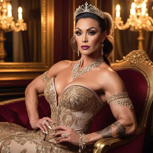 Prompt: Gorgeous muscular 35-year-old Victorian Drag Queen bodybuilder princess (strong masculine jawline and brow facial features), elegantly dressed in a lavish gown with intricate lace details, holding a delicate fan, exquisitely adorned with jewels, soft golden candlelight illuminating her surroundings, a luxurious opulent ballroom background, romantic and enchanting ambiance, intricate wallpaper patterns, vintage decor elements, high detail, 4K resolution, soft warm tones, evoking a sense of timeless beauty and royal grace.