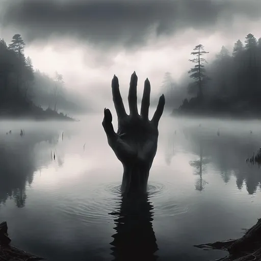 Prompt: A foreboding lake shrouded in mist with demonic hands reaching up from the waters.