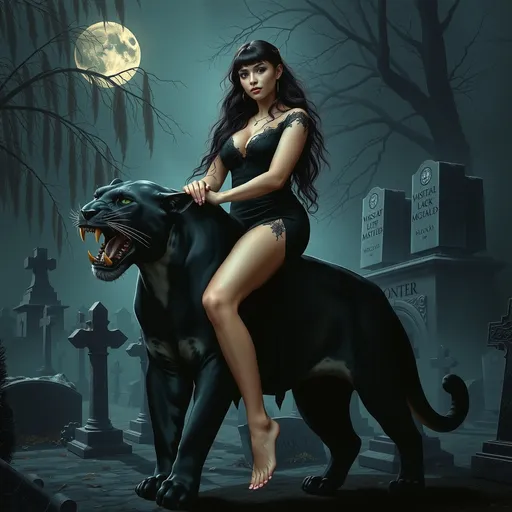 Prompt: 4k , high resolution , detailed , oil painting , modeling , dark color , grave yard , tombstones , scary place , foggy , crazy gothic 25-year-old muscular Polish female goddess rides on panther's back, pale skin , large usom , black hair , mini slit dress reveals legs , black themed , death ,drama, night  , modeling pose , realistic 45 year old muscular drag queen look , moon , barefoot  , portrait  , expressionism , focus on panther's teeth